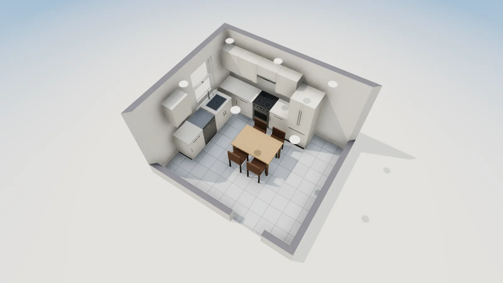 Three-dimensional view from the south-east of the L-shaped kitchen, with six white recessed lights in the ceiling plane around a small table with four chairs, the range and tall fridge on the north side and the sink on the west side.