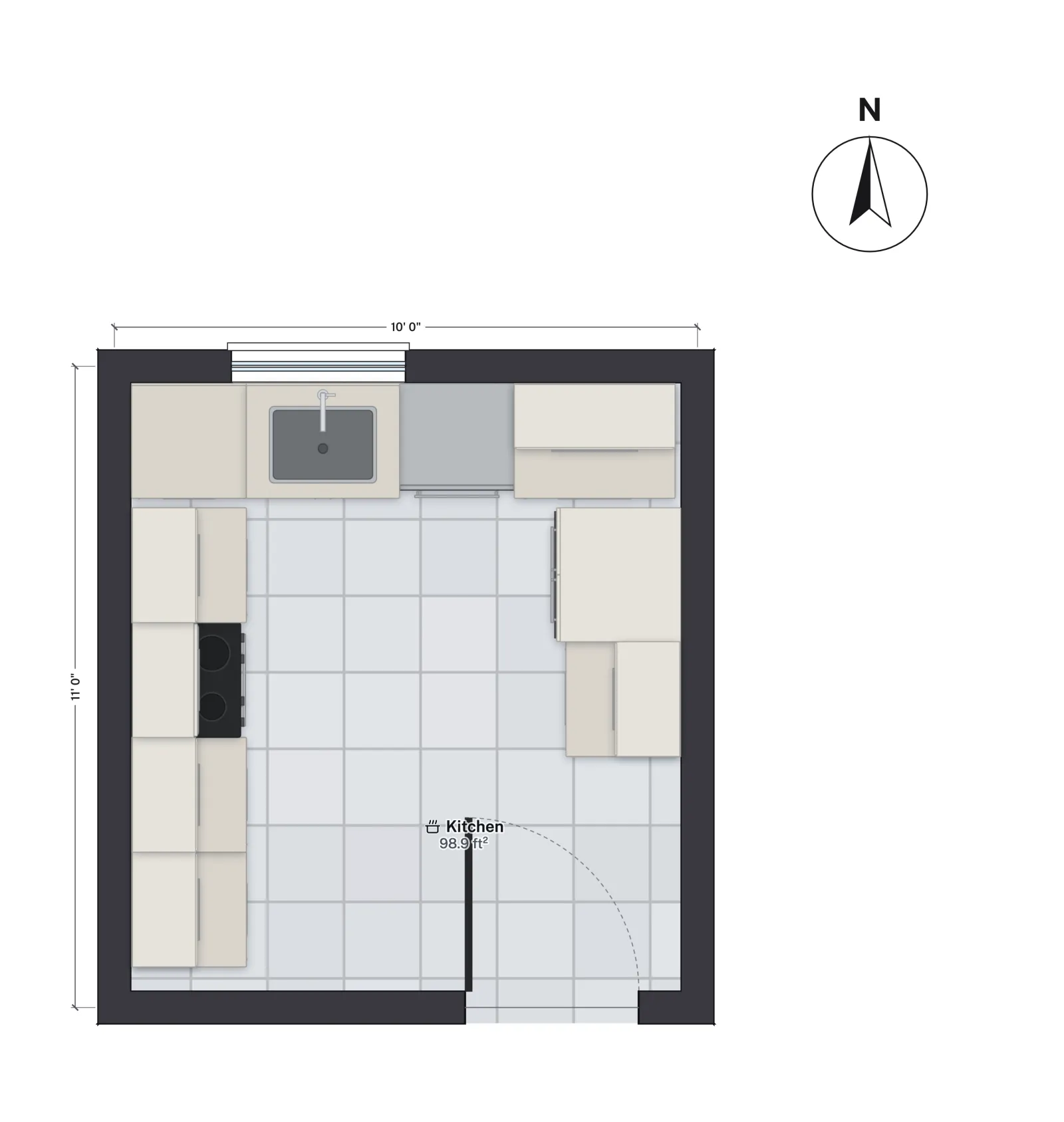 Plan of a 10 by 11 foot U-shaped kitchen: sink and dishwasher under the window, range down the west leg, refrigerator at the end of the east leg, door in the open end.