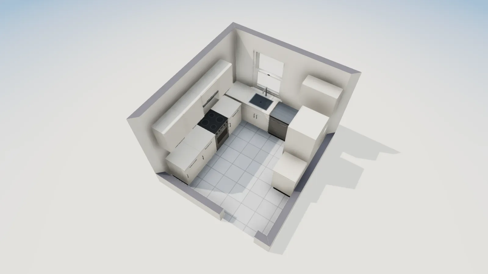 Vista 3D desde arriba de una cocina en U: la tarja bajo la ventana, la estufa en un lado, el lavavajillas y el refrigerador en el otro, y la puerta enfrente de la tarja.