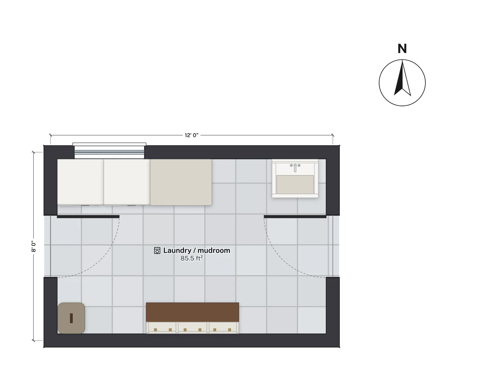 Floor plan of a 12 by 8 foot laundry and mudroom with a washer and dryer and a utility sink on the north wall, a cubby bench on the south wall and a door in the middle of each short wall.