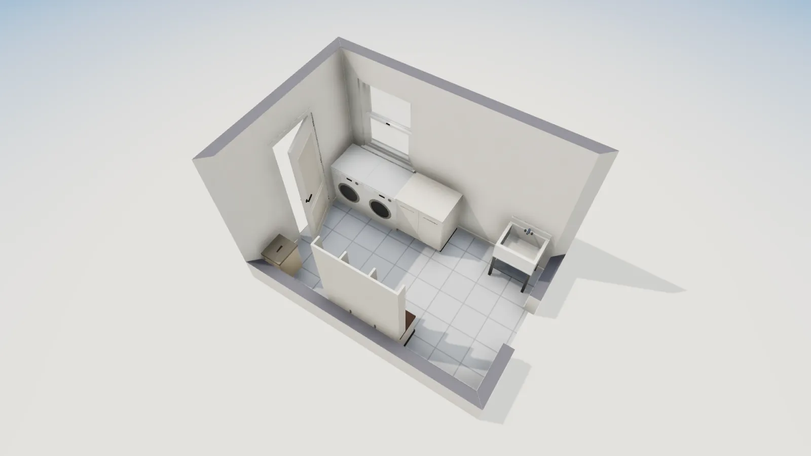 3D view of the laundry and mudroom showing the washer and dryer under the window, the utility sink, and the tall cubby locker bench on the opposite wall.