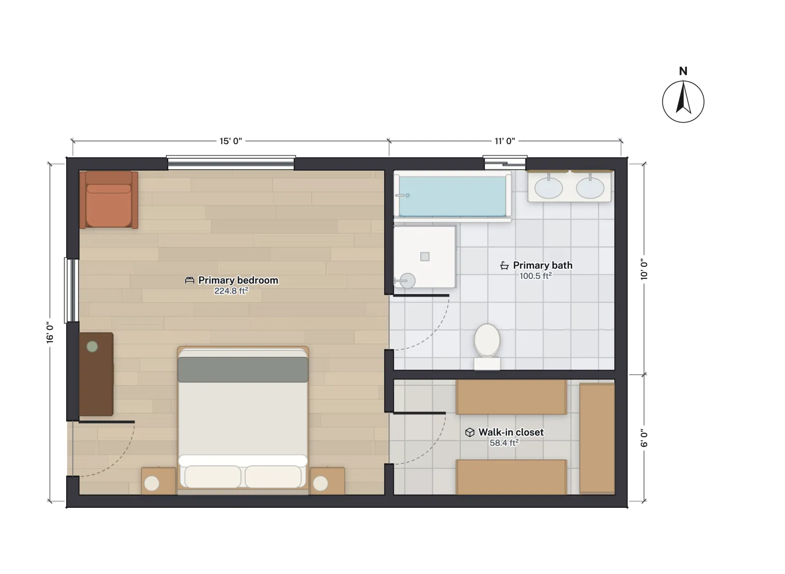 Floor plan of a 26 by 16 foot suite: a bedroom with a king bed and two nightstands on the left, a bath with a tub, square shower, double vanity and toilet at upper right, and a walk-in closet with hanging on both sides at lower right.