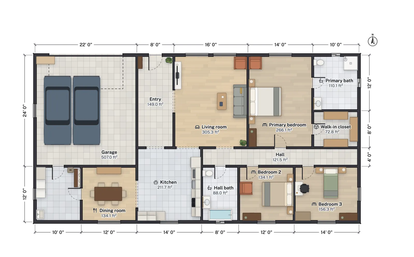 Floor plan of a 70 by 36 foot ranch house with a two-car garage at the west end, living spaces in the middle and three bedrooms at the east end.