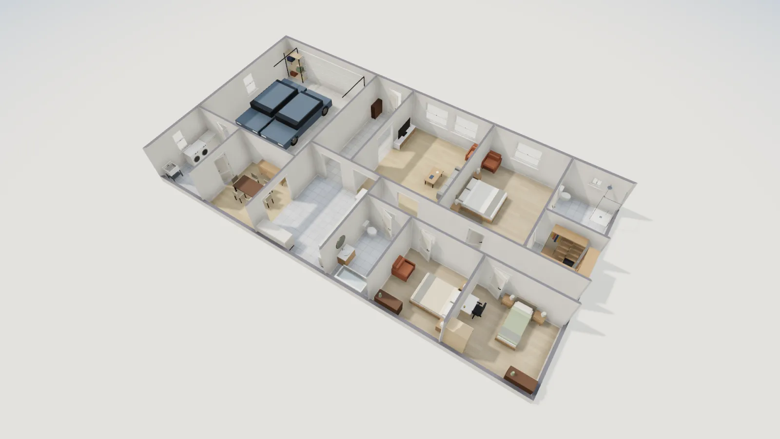 3D cutaway of the ranch house showing the two parked cars in the attached garage, the laundry room behind it and the living spaces beyond.