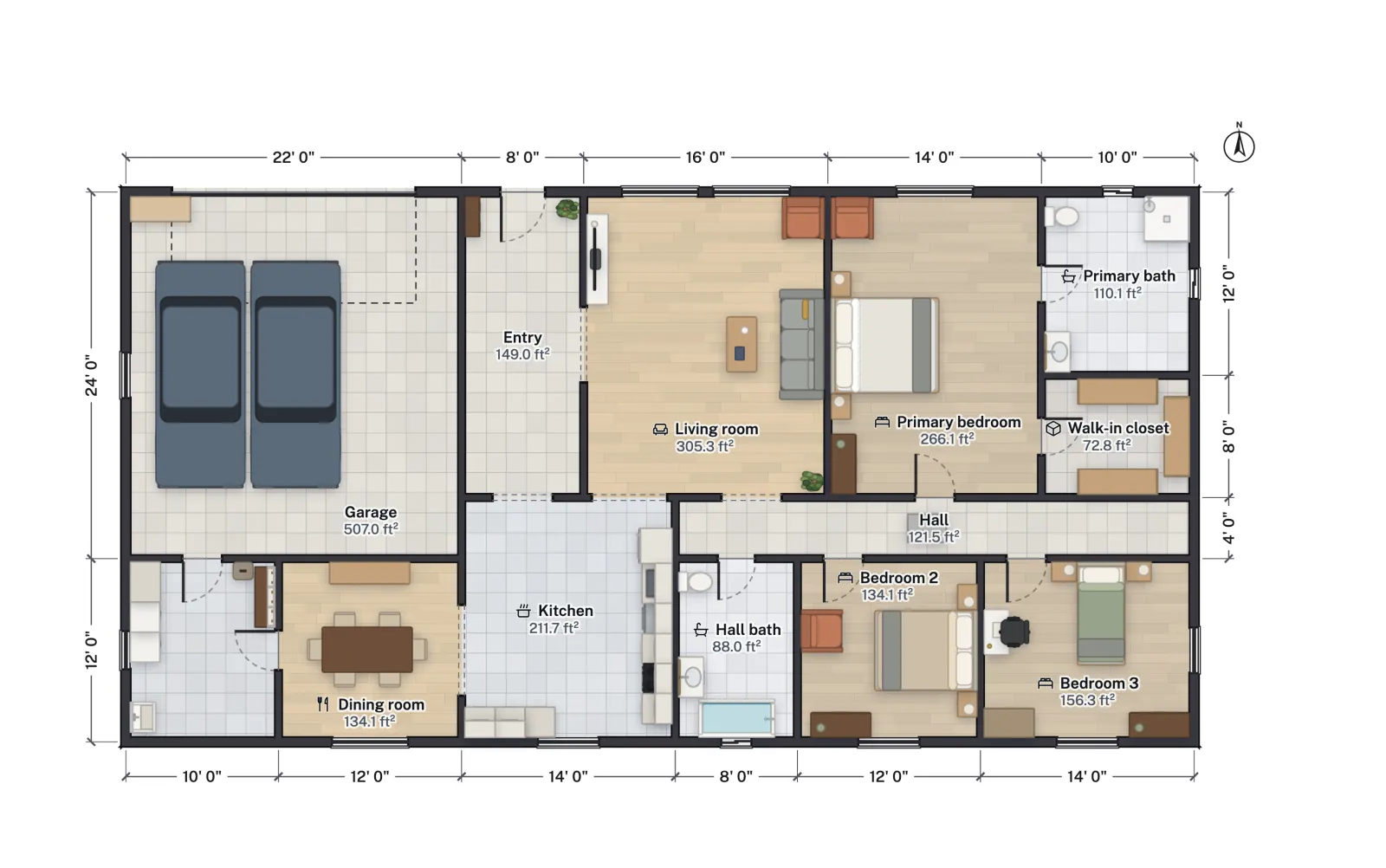 Floor plan of a 3-bed ranch house with a garage, entry, living room, kitchen, hall and three bedrooms, with a small attic hatch rectangle in the ceiling of the hall between the doors of Bedroom 2 and Bedroom 3.