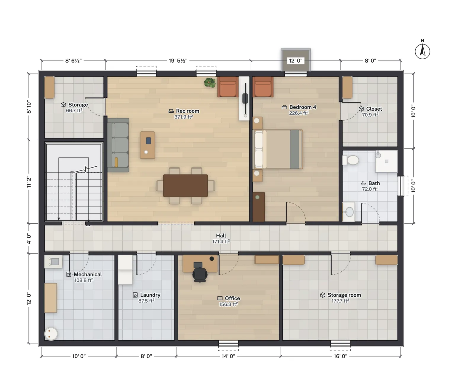 Basement plan of the ranch with rec room, bedroom, bath, office and storage.
