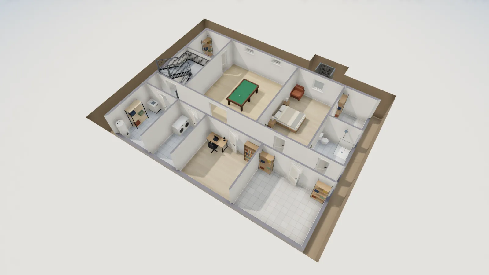 3D cutaway of the ranch basement seen from the south, with a green pool table in the middle of the rec room, the stair at the far left, bedroom 4 and the bath to the right of the rec room, and the hall, office, laundry and storage rooms in front.