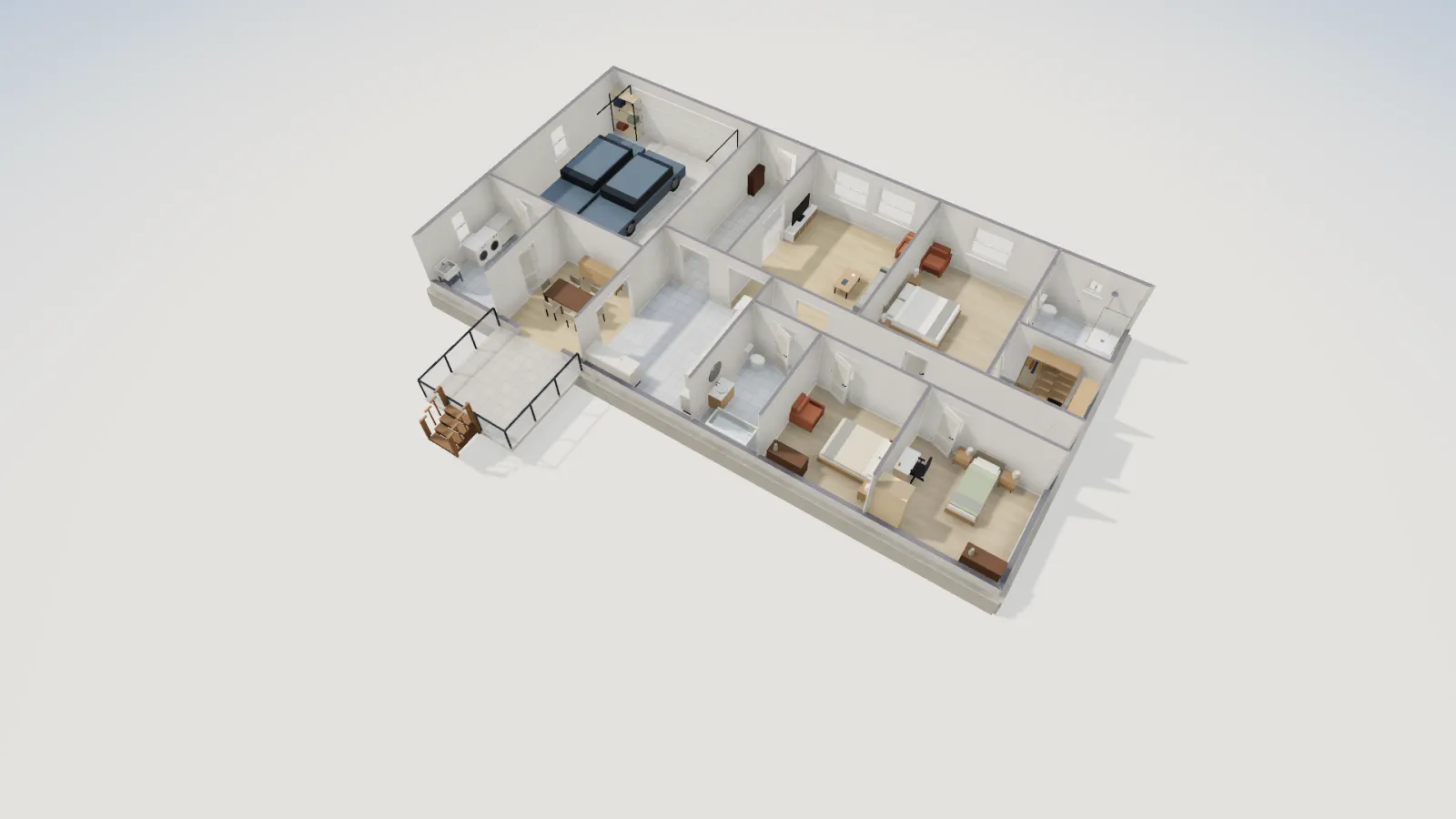 3D view of the ranch house from above showing a square deck outside the dining room with dark railings on its open sides and a short stair down at the far edge