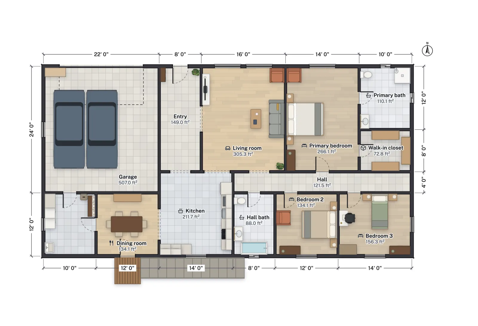 Floor plan of a 3-bedroom ranch with a garage on the west side, with a small deck landing and a long ramp outside the dining room on the south wall.