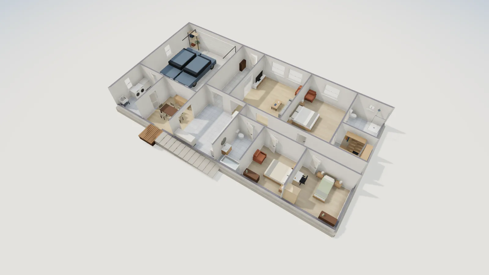 3D view of the 3-bedroom ranch from the south, with a deck landing outside the dining room and a long straight ramp descending east along the south wall.