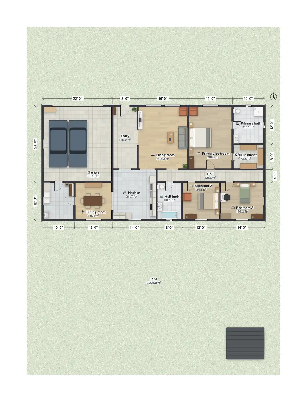 Site plan of the three-bedroom ranch on its 80 by 110 foot lot, the house across the top and a small dark shed in the bottom right corner of the grass plot.