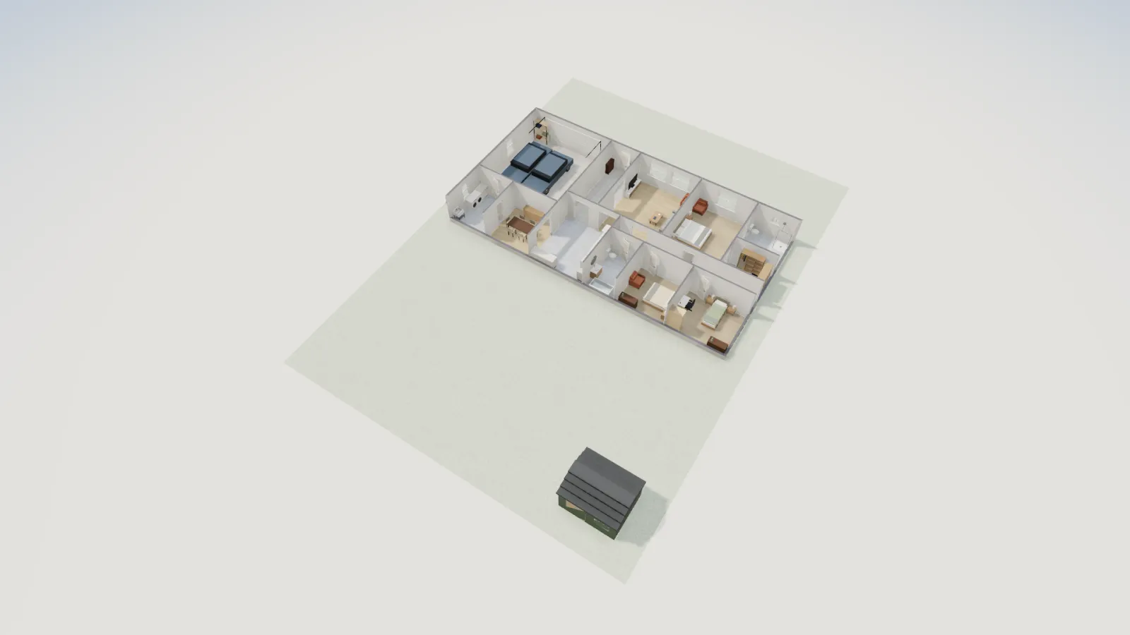 3D view of the ranch house on its grass lot with a small dark-roofed shed standing alone in the foreground corner of the lot.