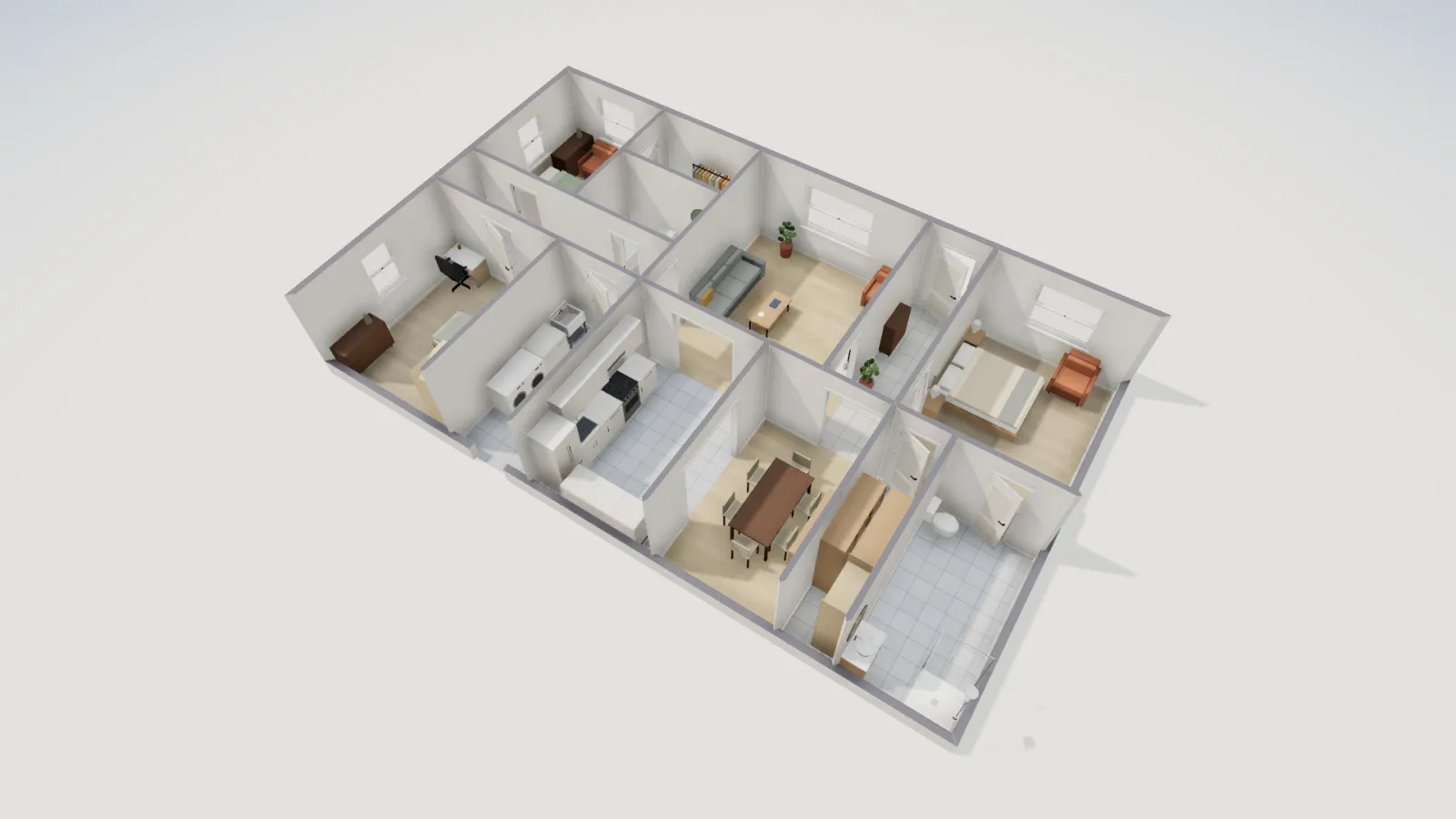 3D cutaway of the furnished three-bedroom starter house with its doors, bedrooms, kitchen and two baths.