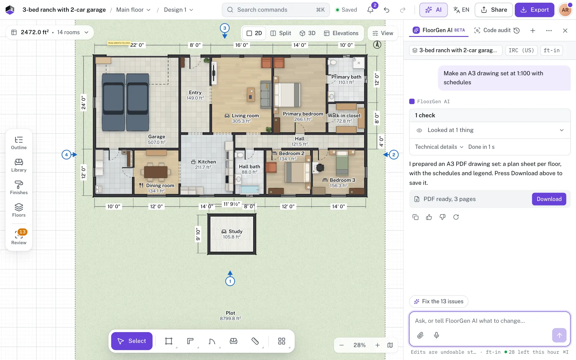 The FloorGen AI panel after asking for a drawing set, with the PDF ready line and its Download button
