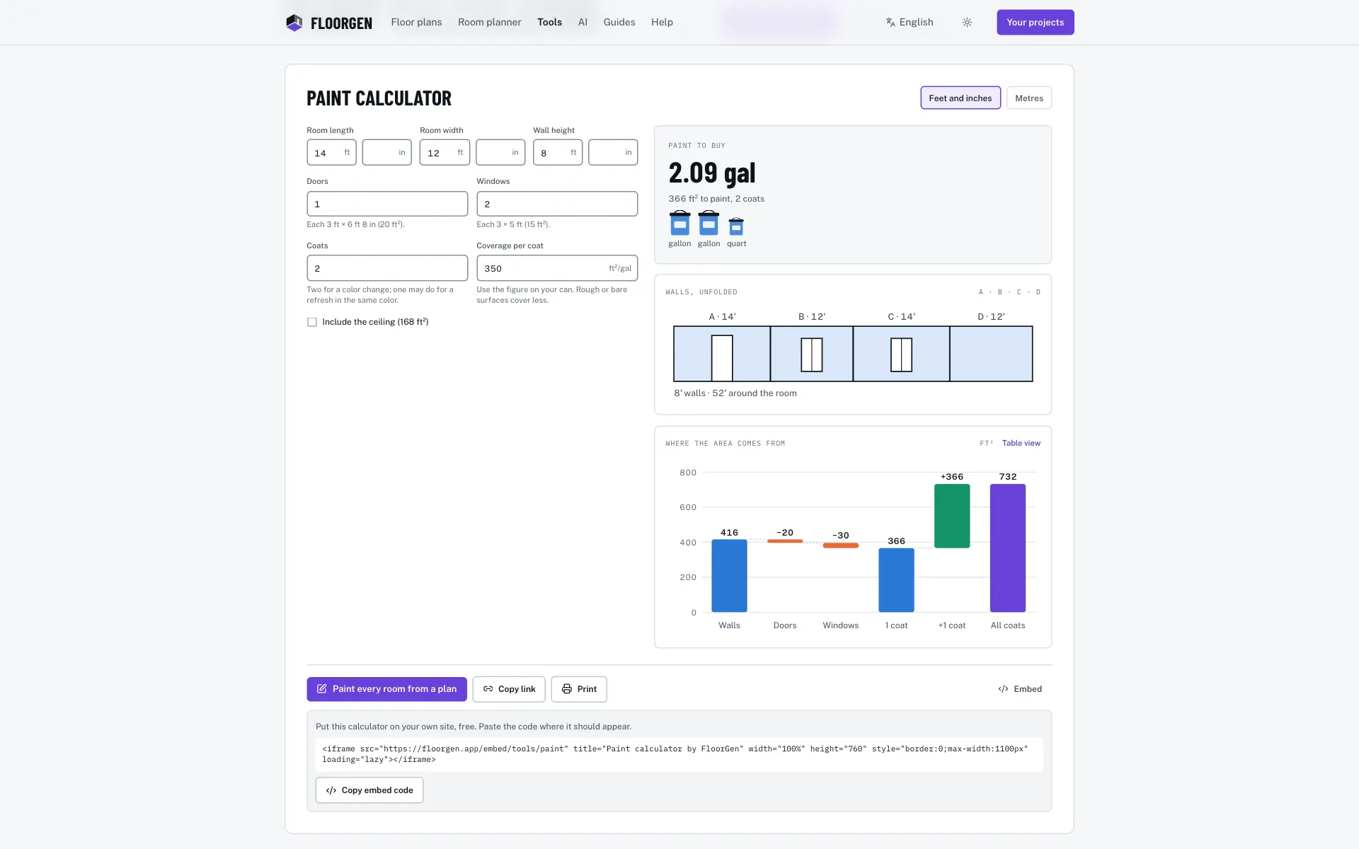 The paint calculator page with its inputs, results and the buttons under them