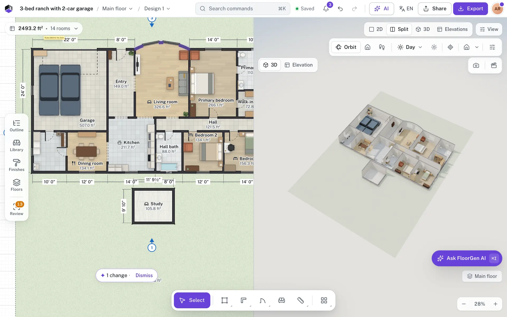 The plan and 3D side by side, with the living room’s back wall curved outward