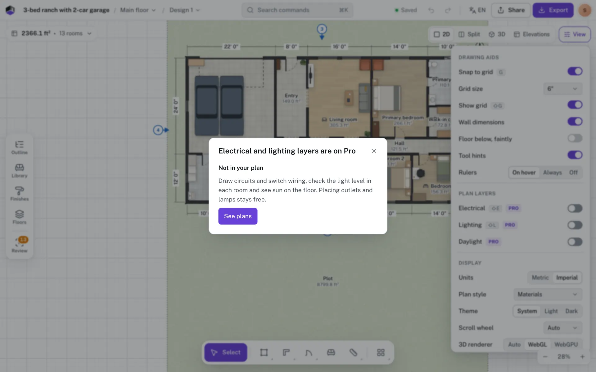 The card after clicking Electrical on a free plan, with its See plans button