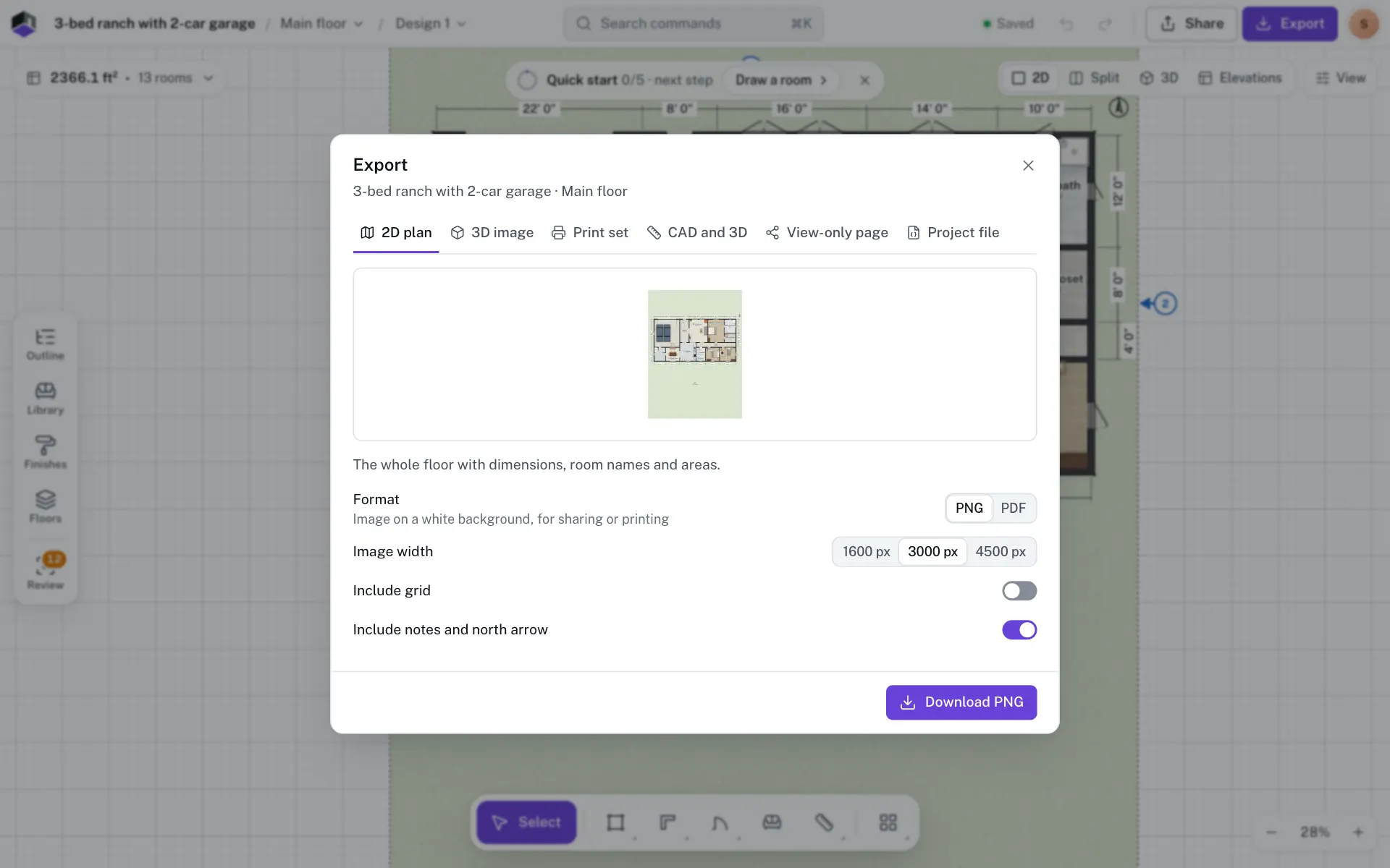 The 2D plan tab of the Export dialog