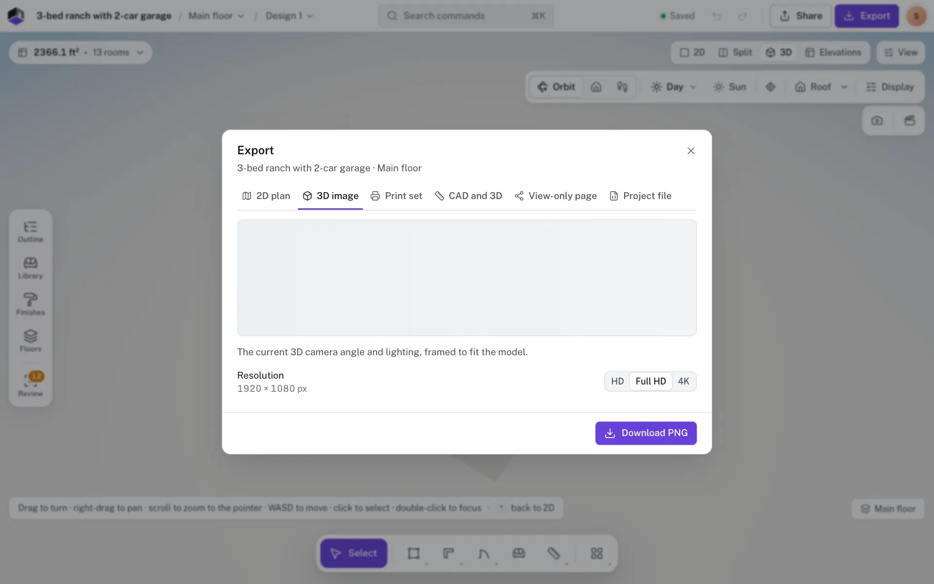 The 3D image tab of the Export dialog