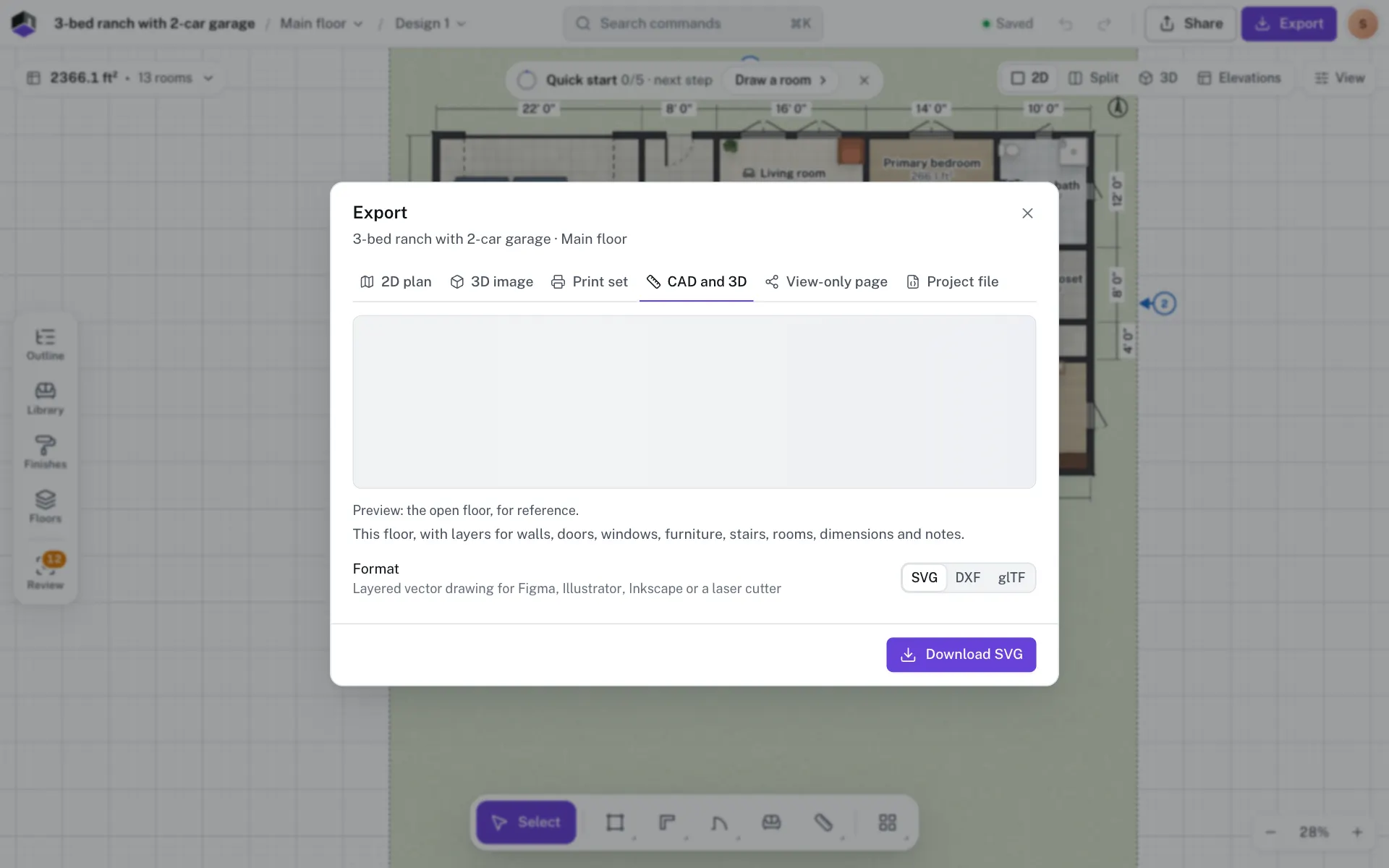 The CAD and 3D tab of the Export dialog