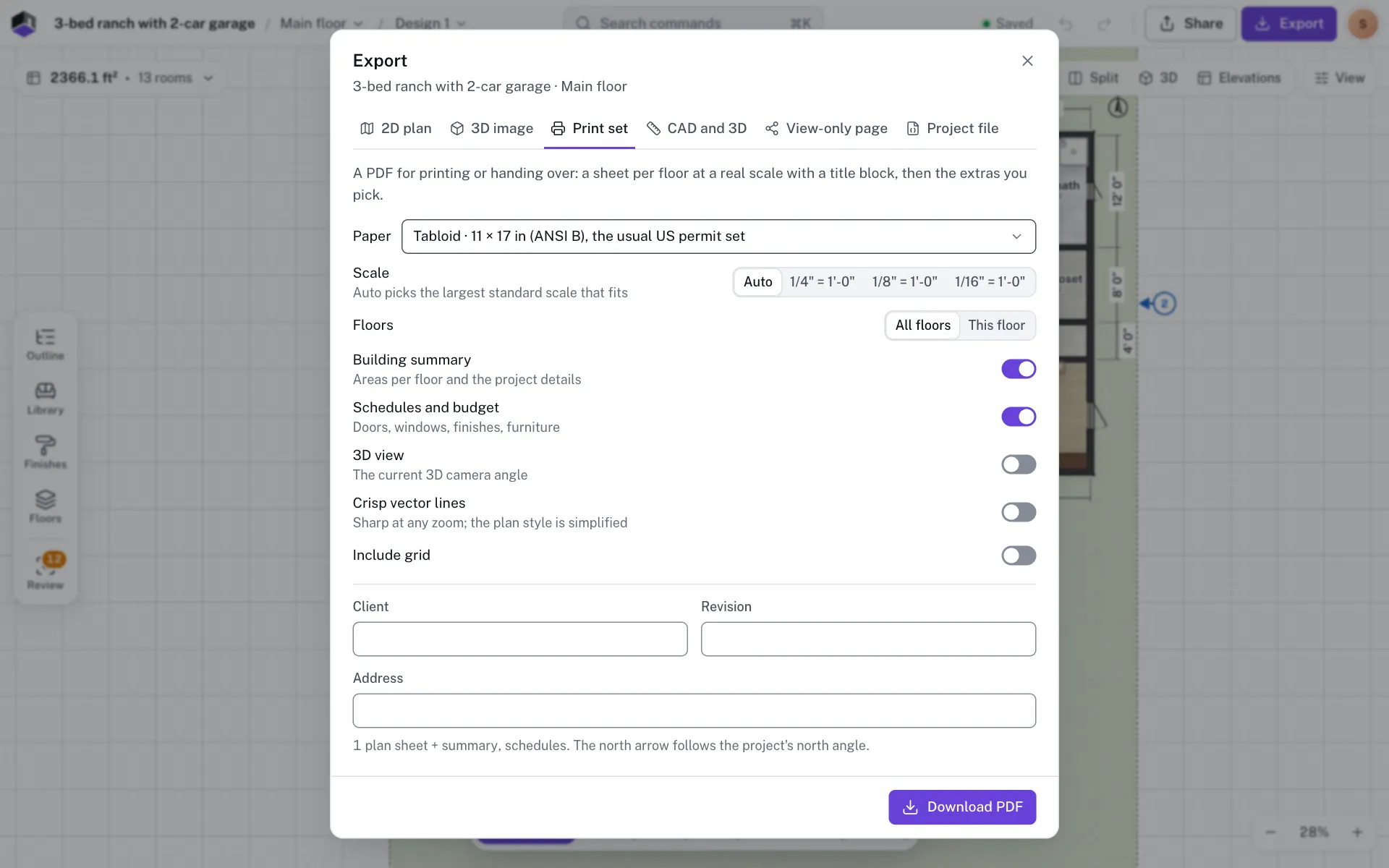 The Print set tab of the Export dialog