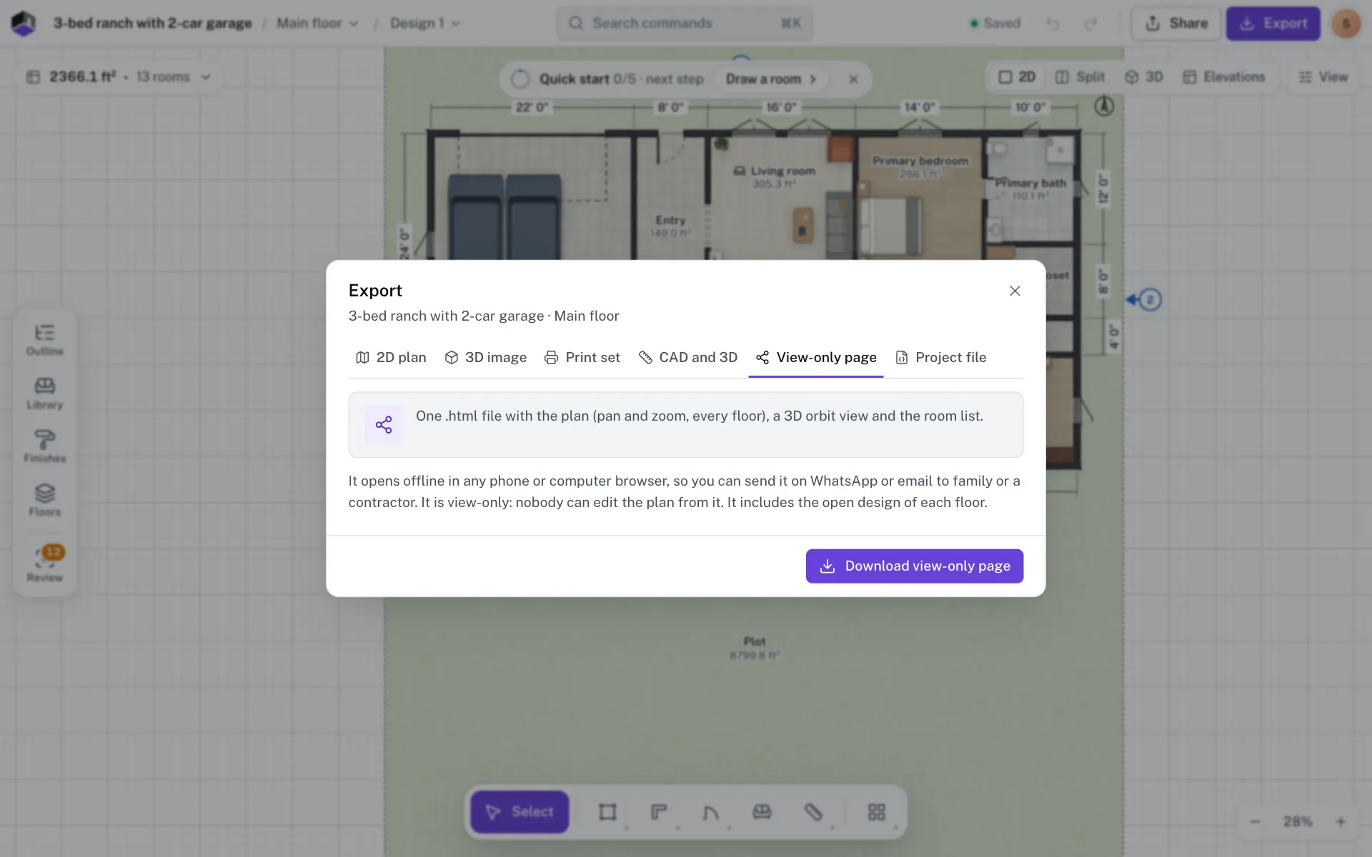 The View-only page tab of the Export dialog