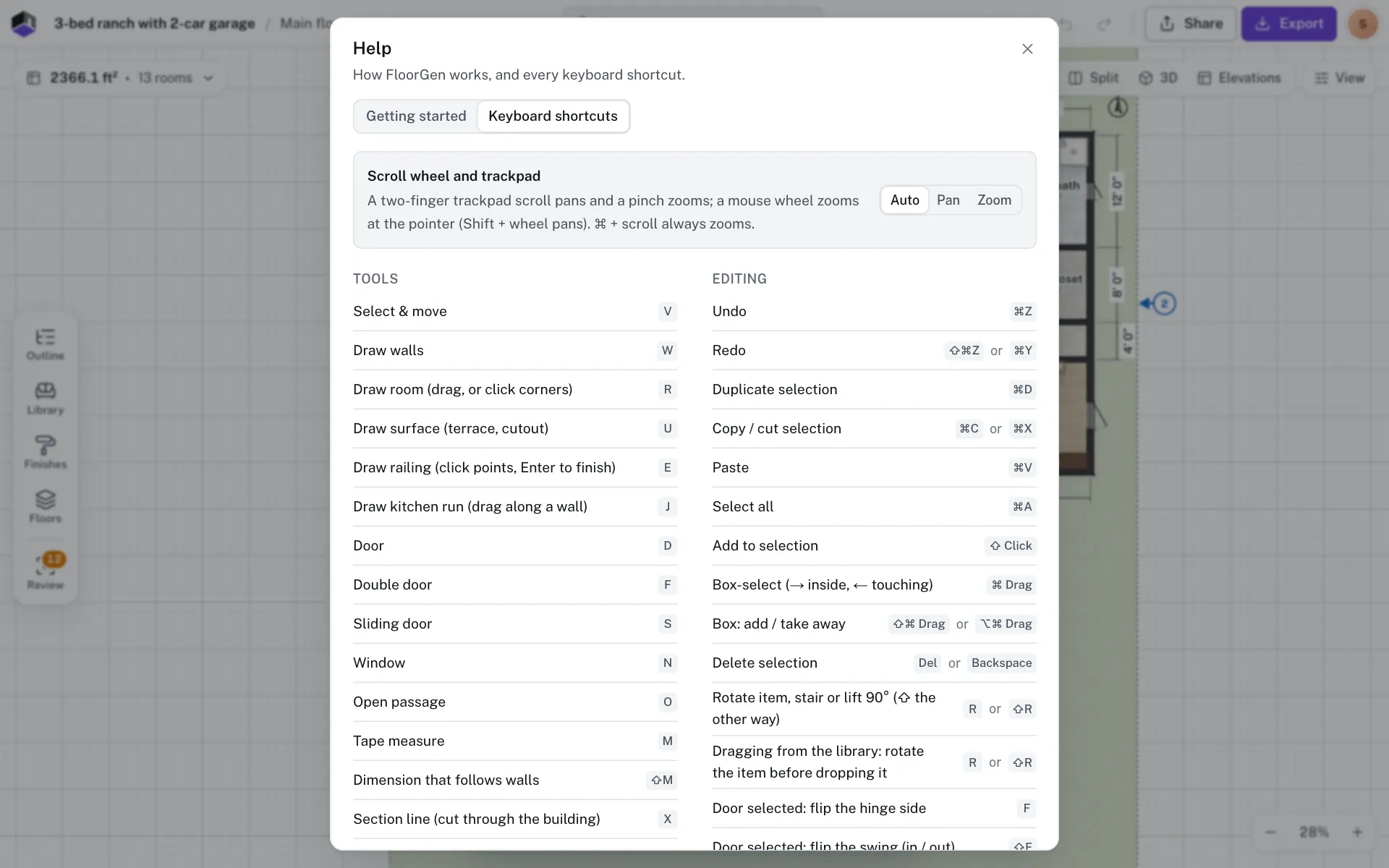 The Help dialog with the keyboard shortcuts