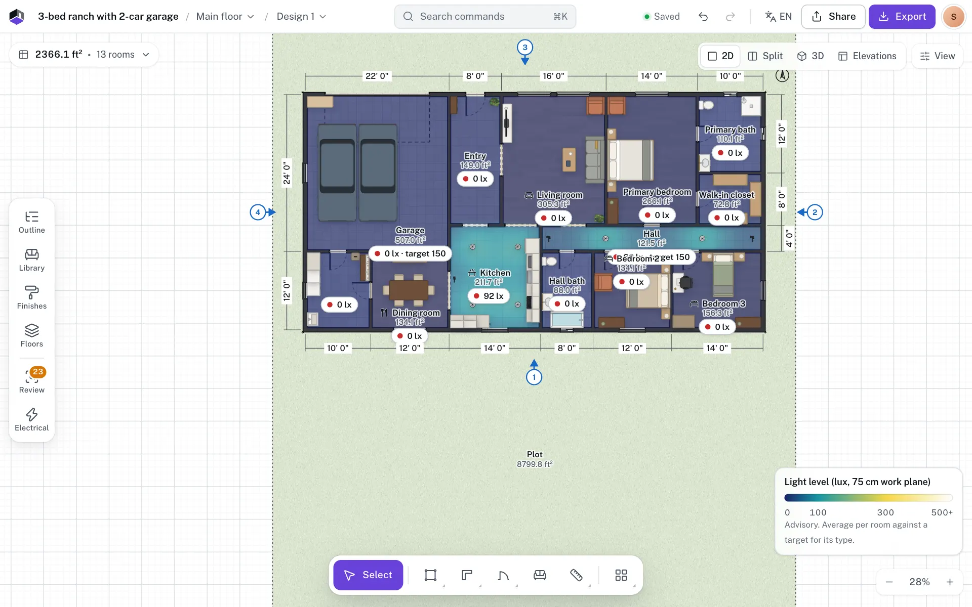The Lighting heatmap on the plan with a light-level badge in each room and the legend