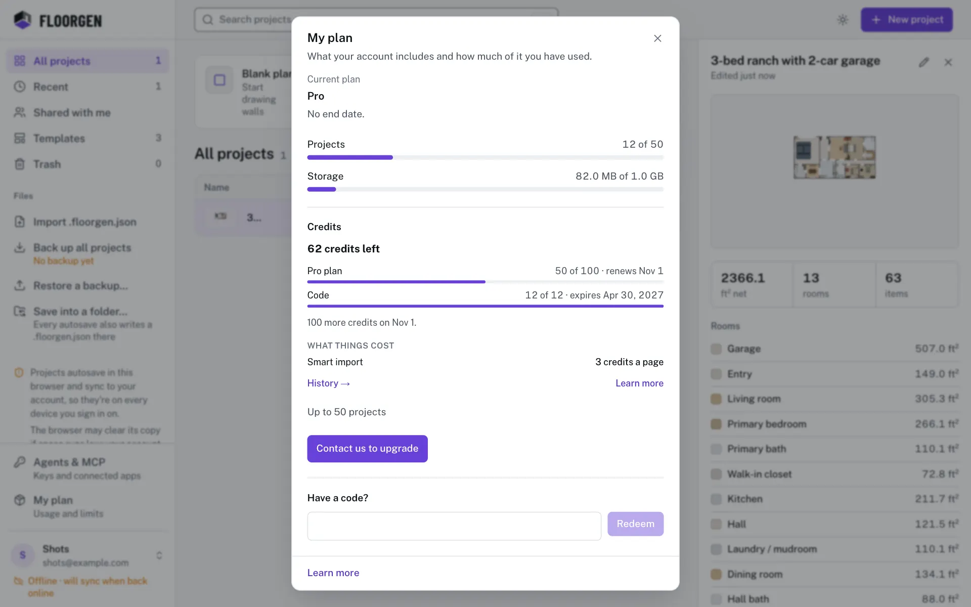 The My plan dialog with the plan, usage meters, credits and the box for a code