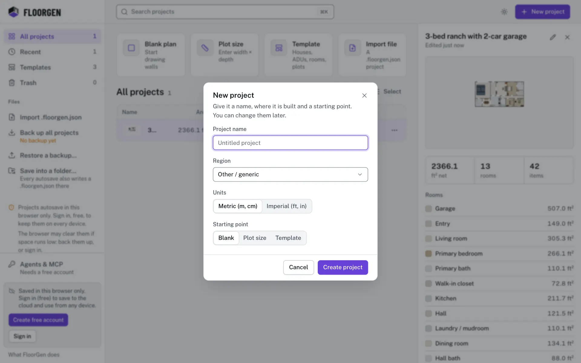 The New project dialog