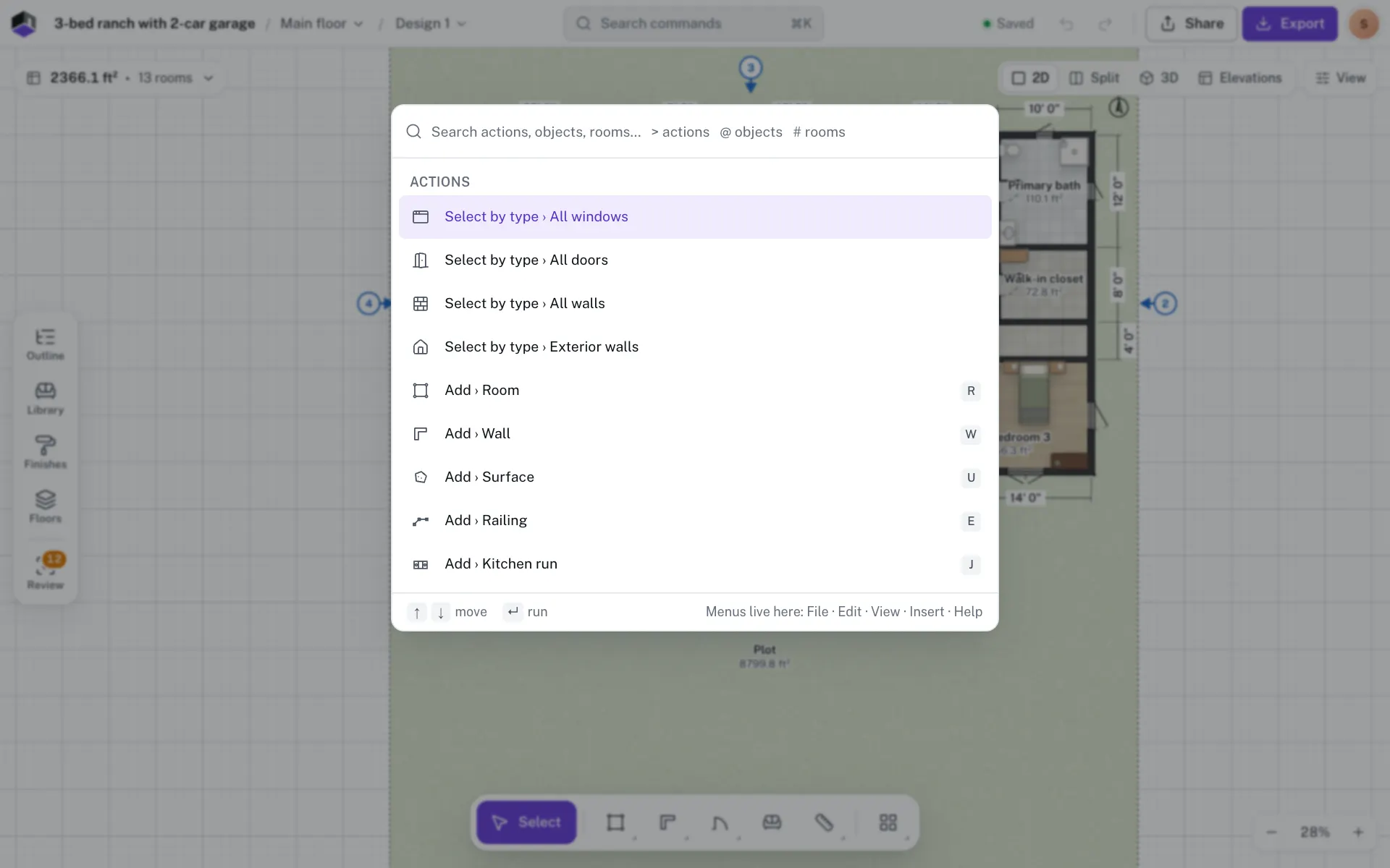 The command palette open over the plan
