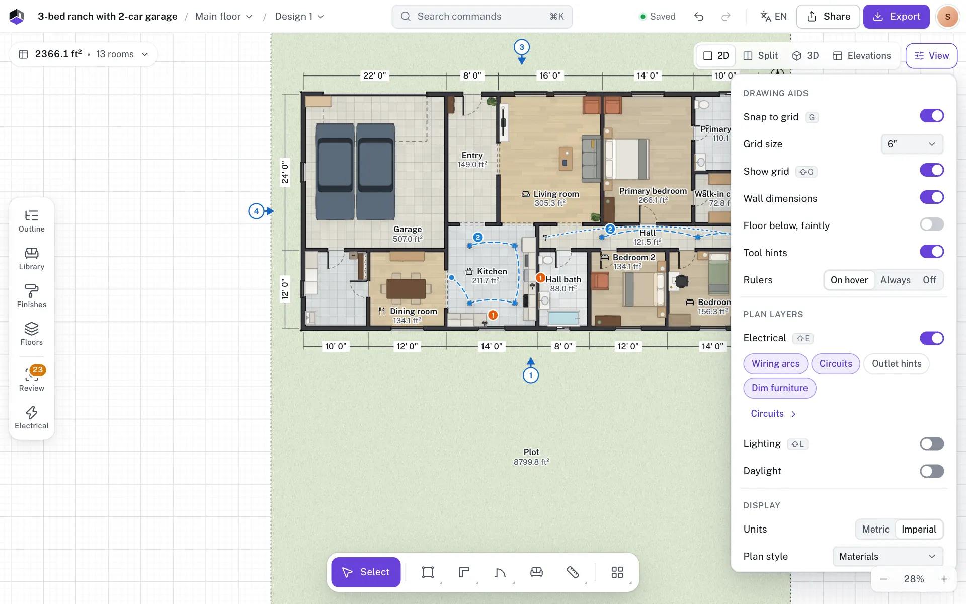 The View options menu open at its Plan layers section, with the Electrical chips