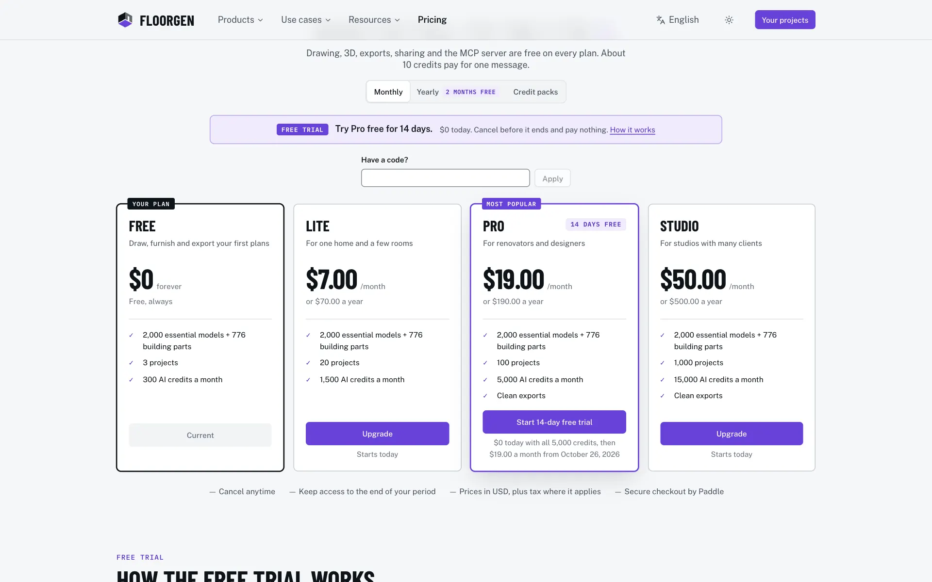 The pricing page with the billing period tabs, the discount code box and the plan cards