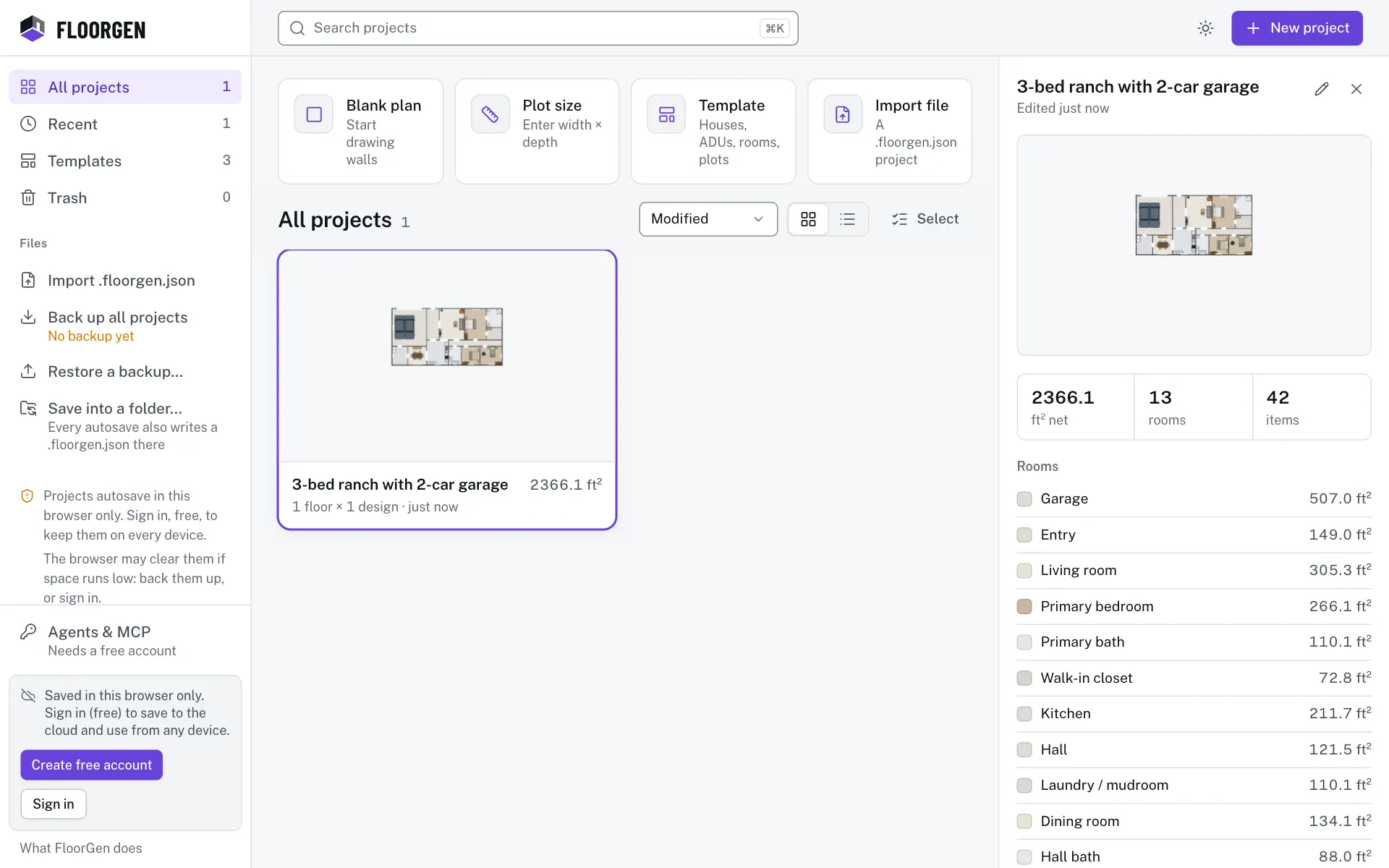 The projects page with the sample house