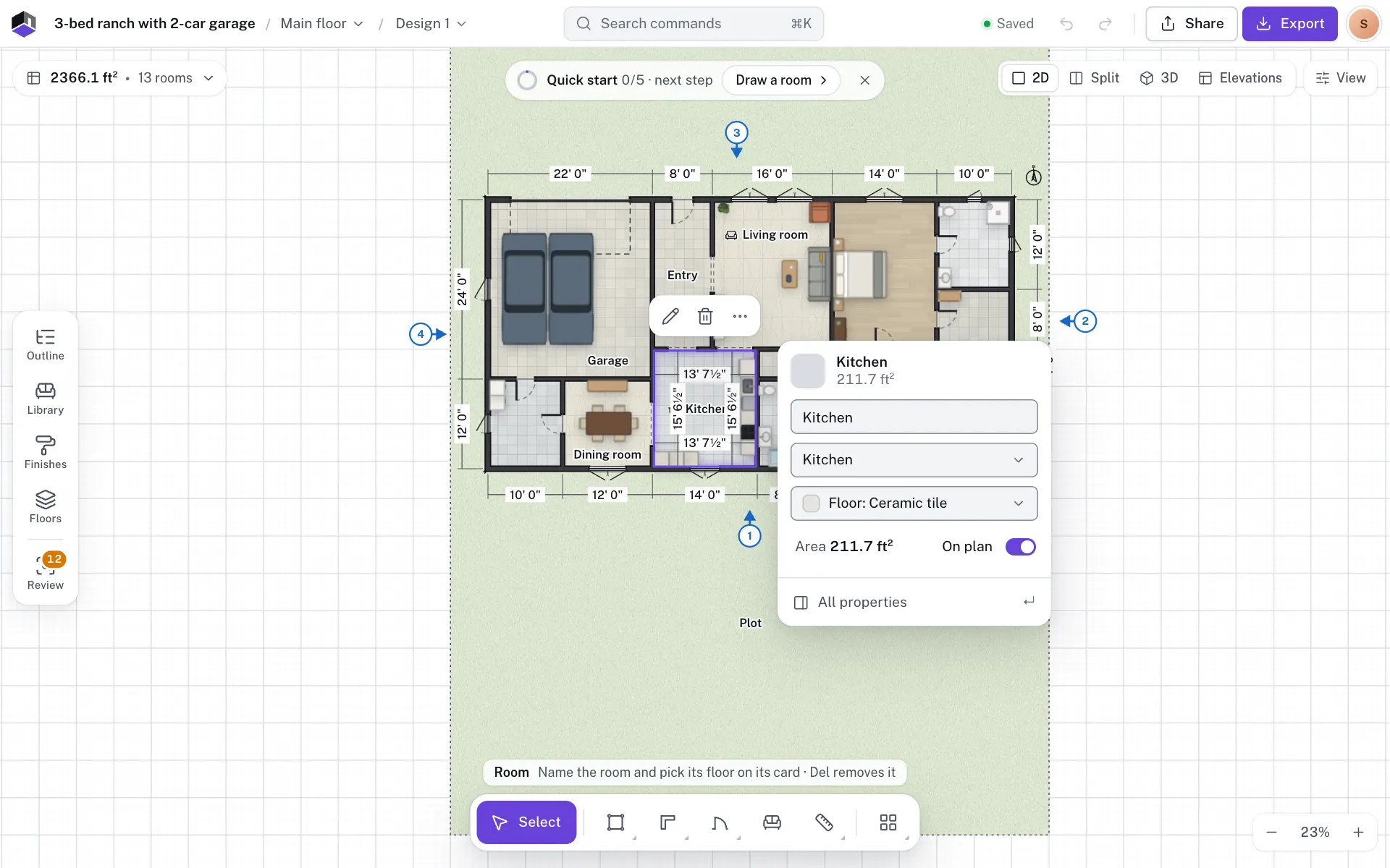 A room selected on the plan, with its card of properties