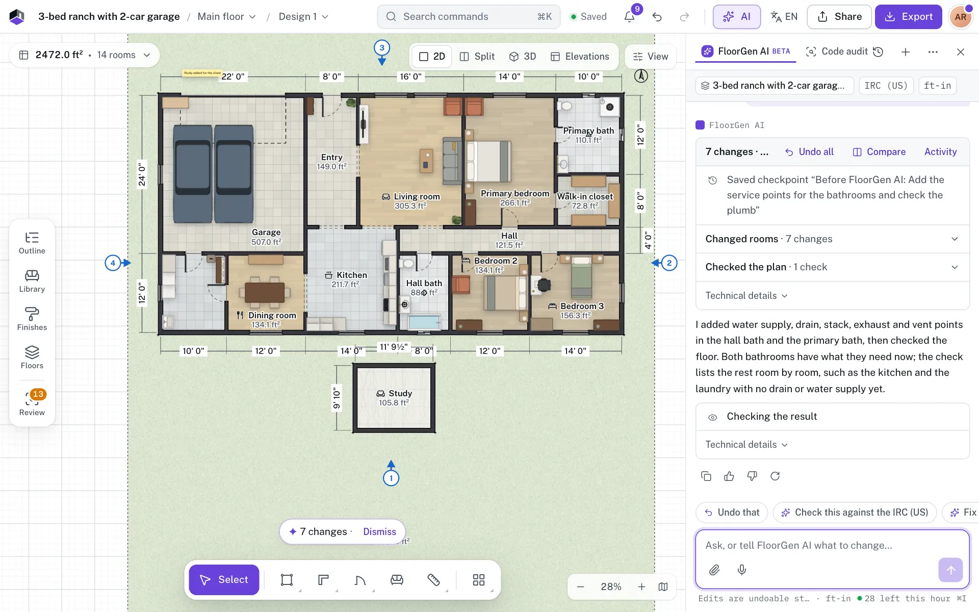 Supply, drain, stack, exhaust and vent symbols in the bathrooms, with the FloorGen AI panel showing a service check