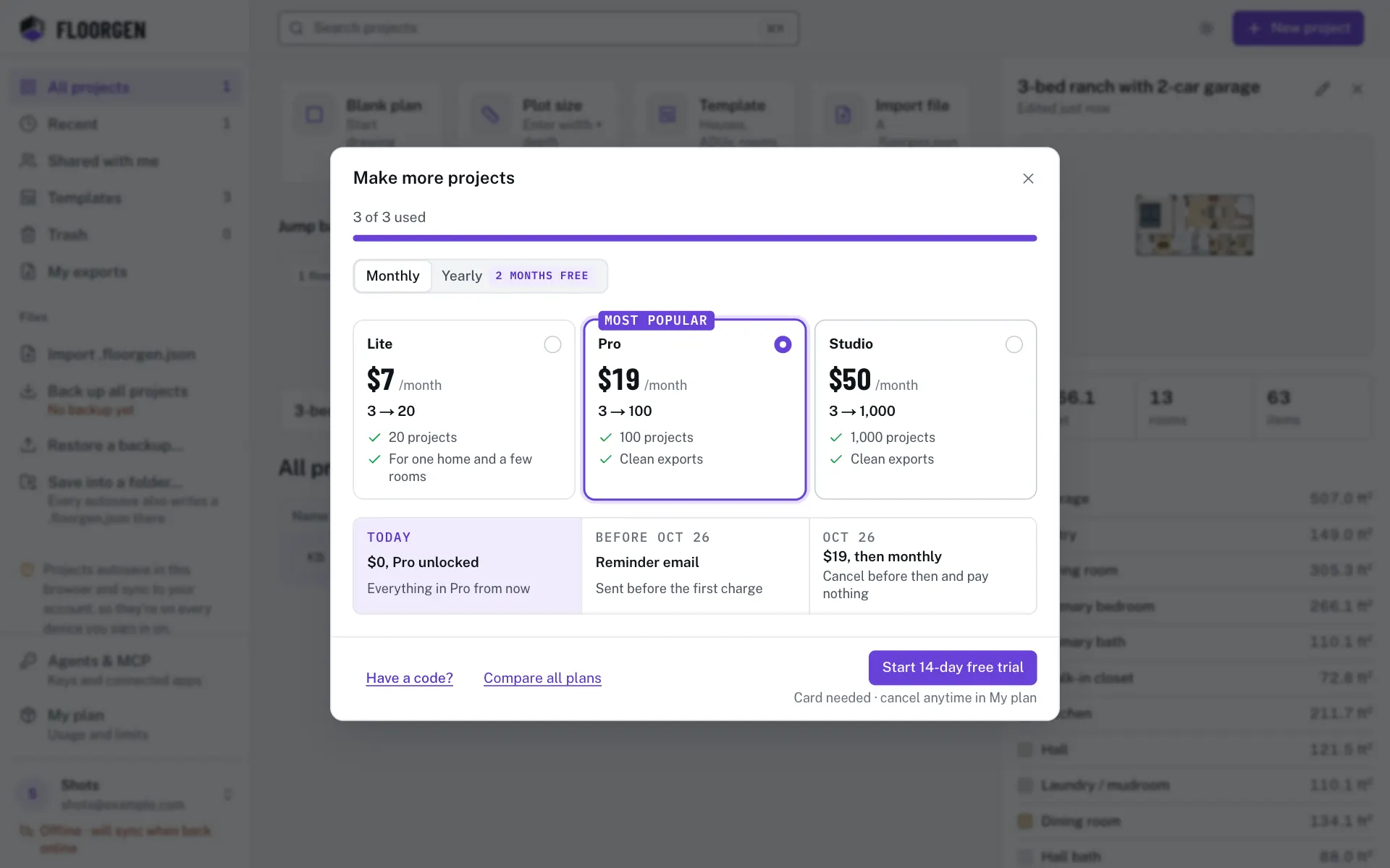 The upgrade window at the project limit, with the usage bar, the plans that lift it and the buy button