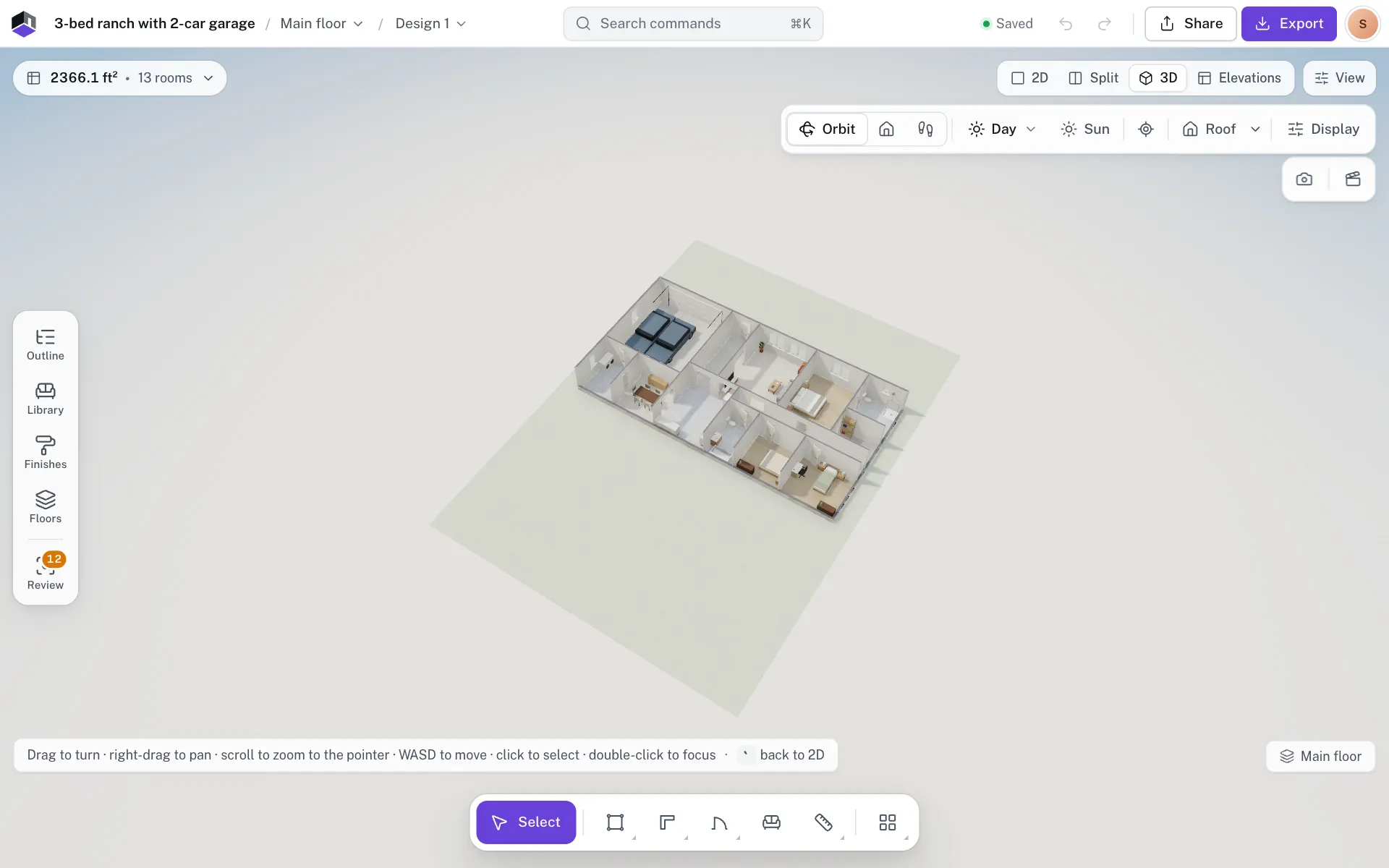 The 3-bed ranch in the 3D view, seen from above