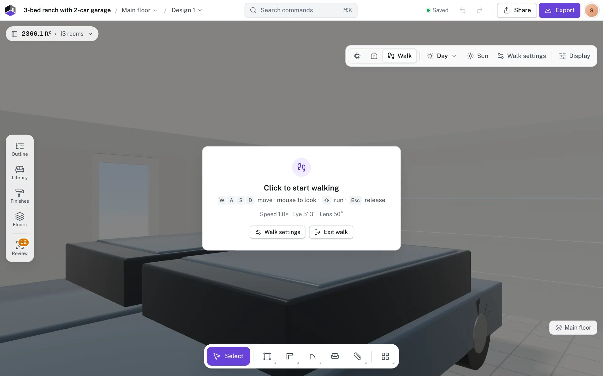 Walk mode in the 3D view, before the first click