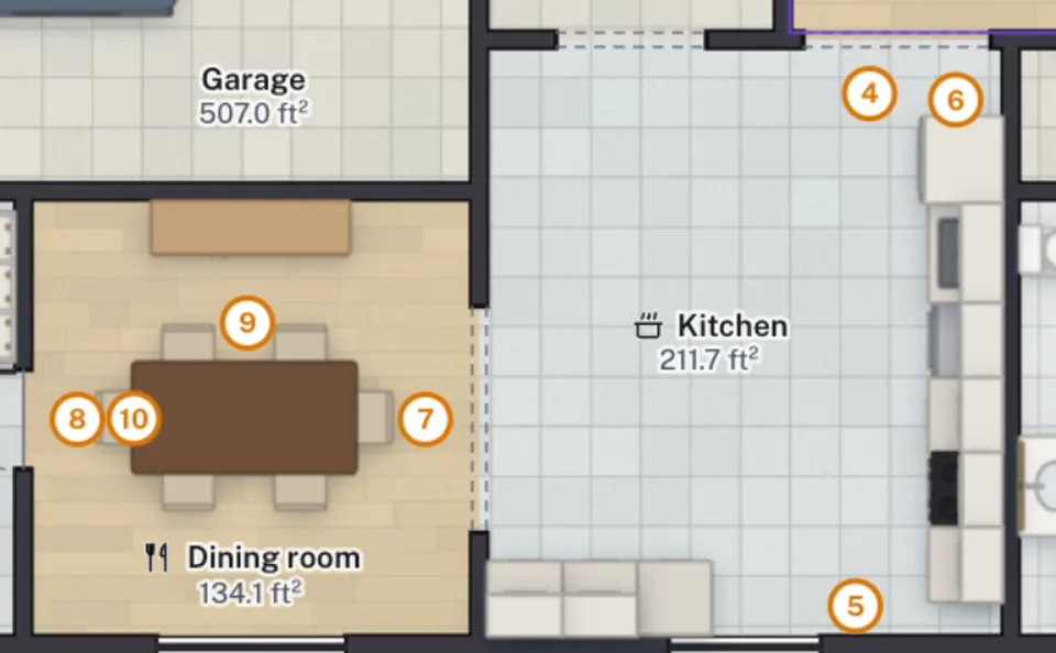Kitchen and dining room of the 3-bed ranch with Review markers 4 to 10 at the refrigerator, a base cabinet and the dining set.